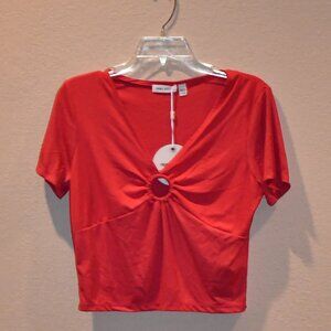 NWT Rebel Sugar Pink Short Sleeve Ring Cutout V-Neck Rib Knit Top Size XL